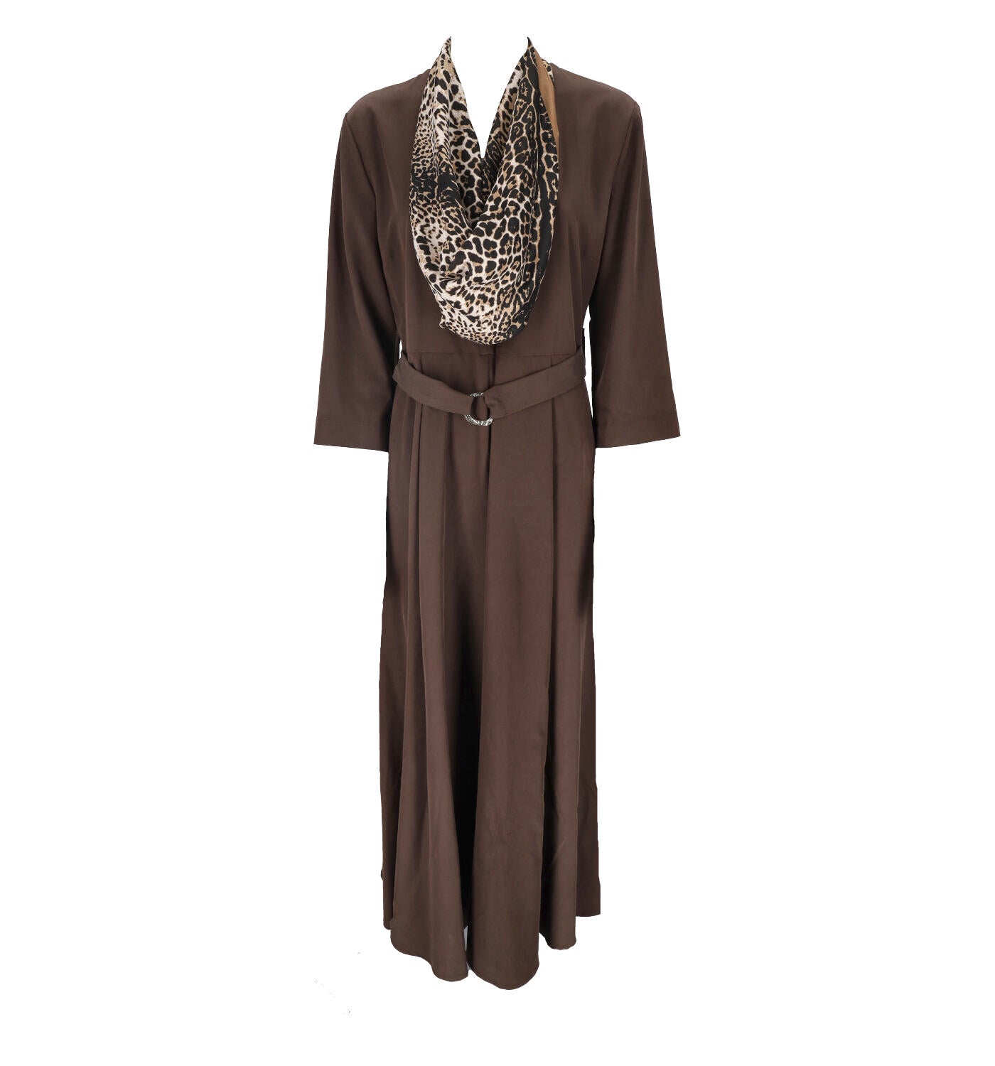 Abito midi svasato con cintura in vita e foulard al collo