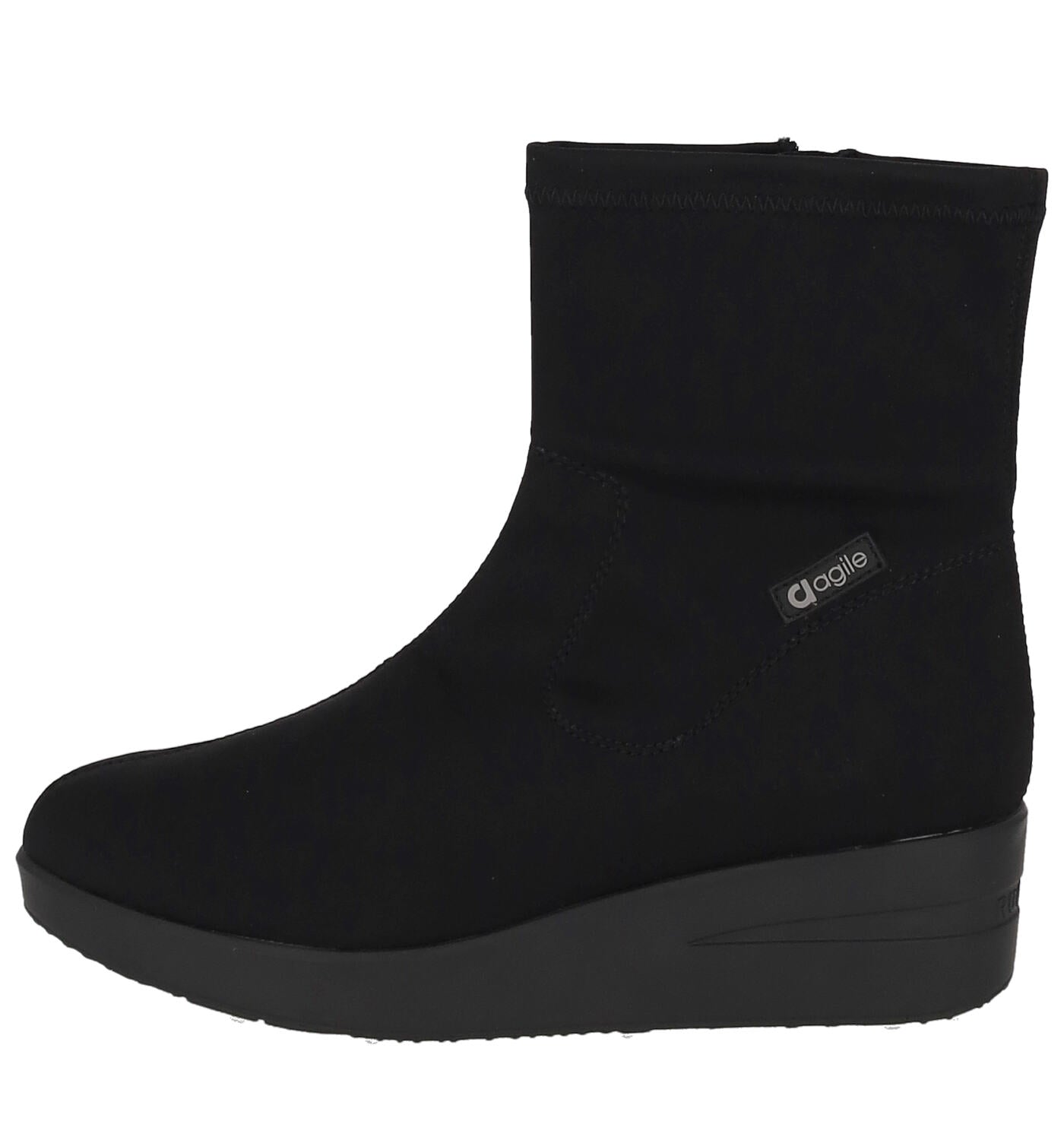 Tronchetto in tessuto elastico , zip a lato e zeppa altezza 5 cm.