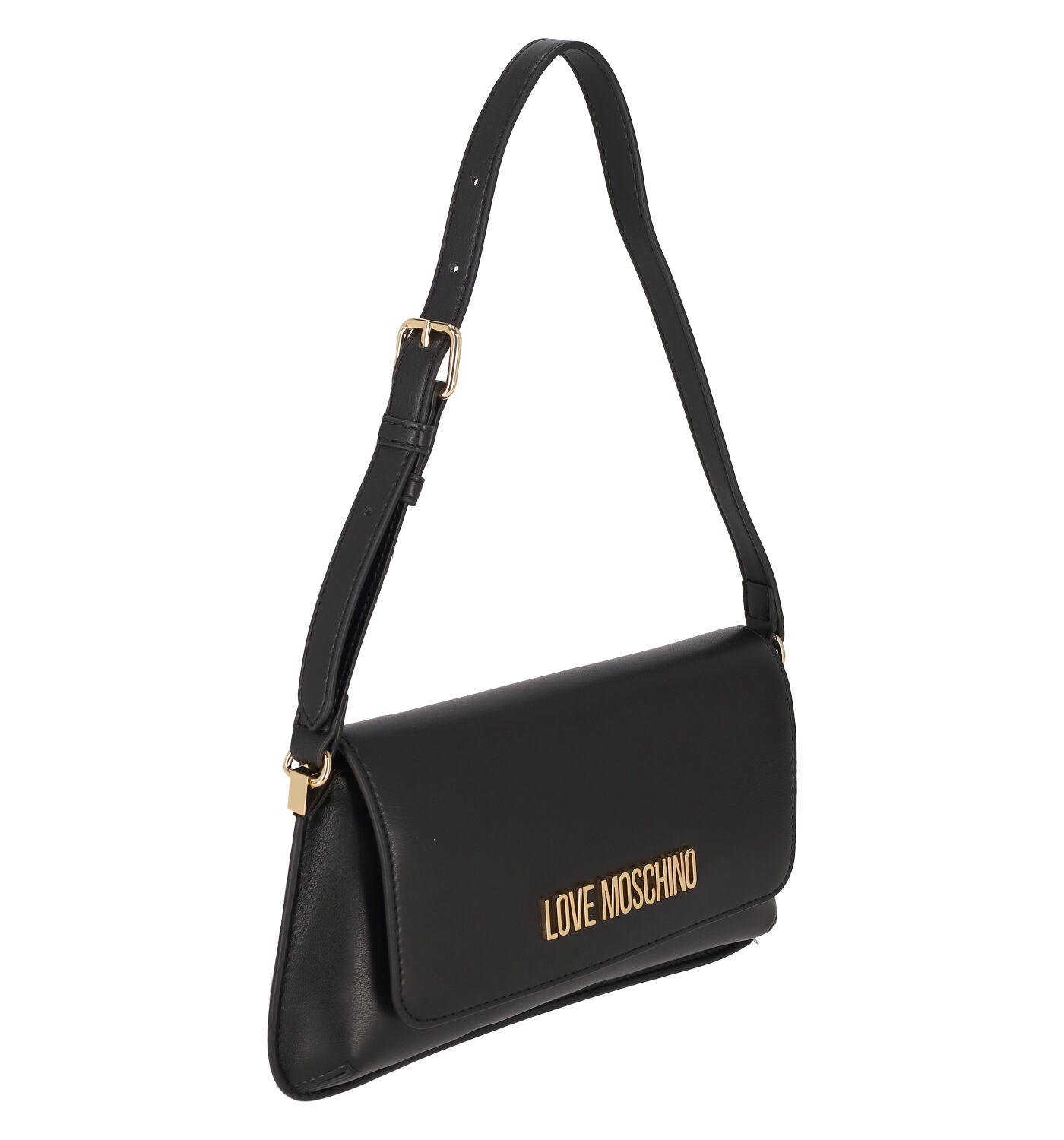 Borsa sottospalla con patta e logo lettring oro , manico regolabile.