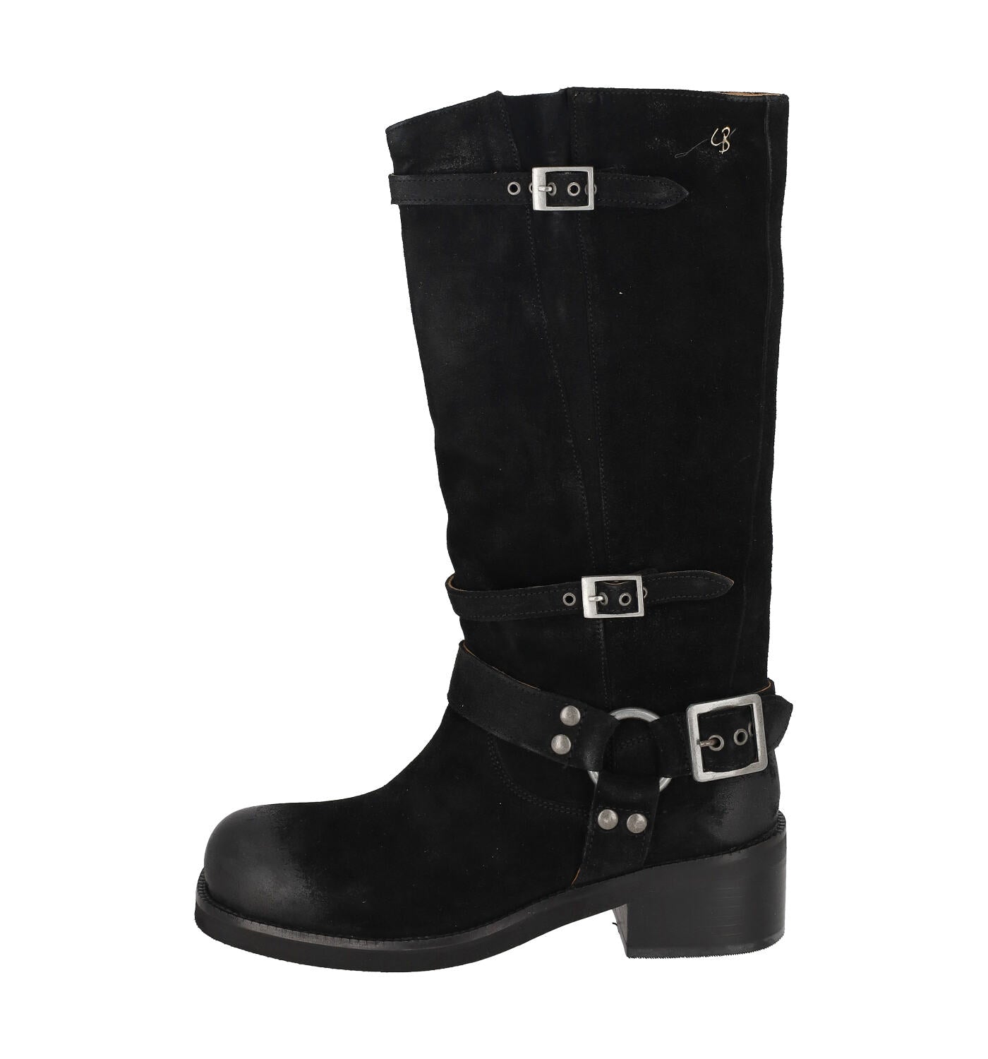 Stivale biker con tacco alto 4cm in camoscio con fibbie