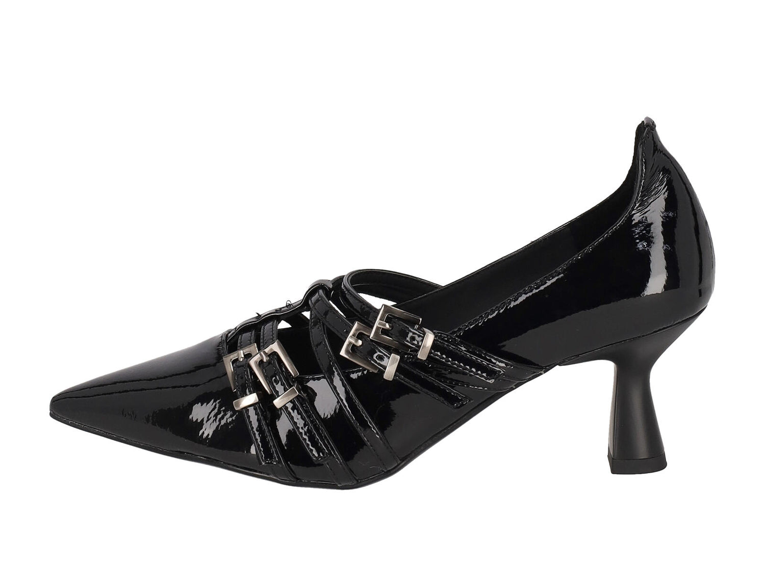 Decollètè in pelle di naplak con fibbie , tacco altezza 6 cm.