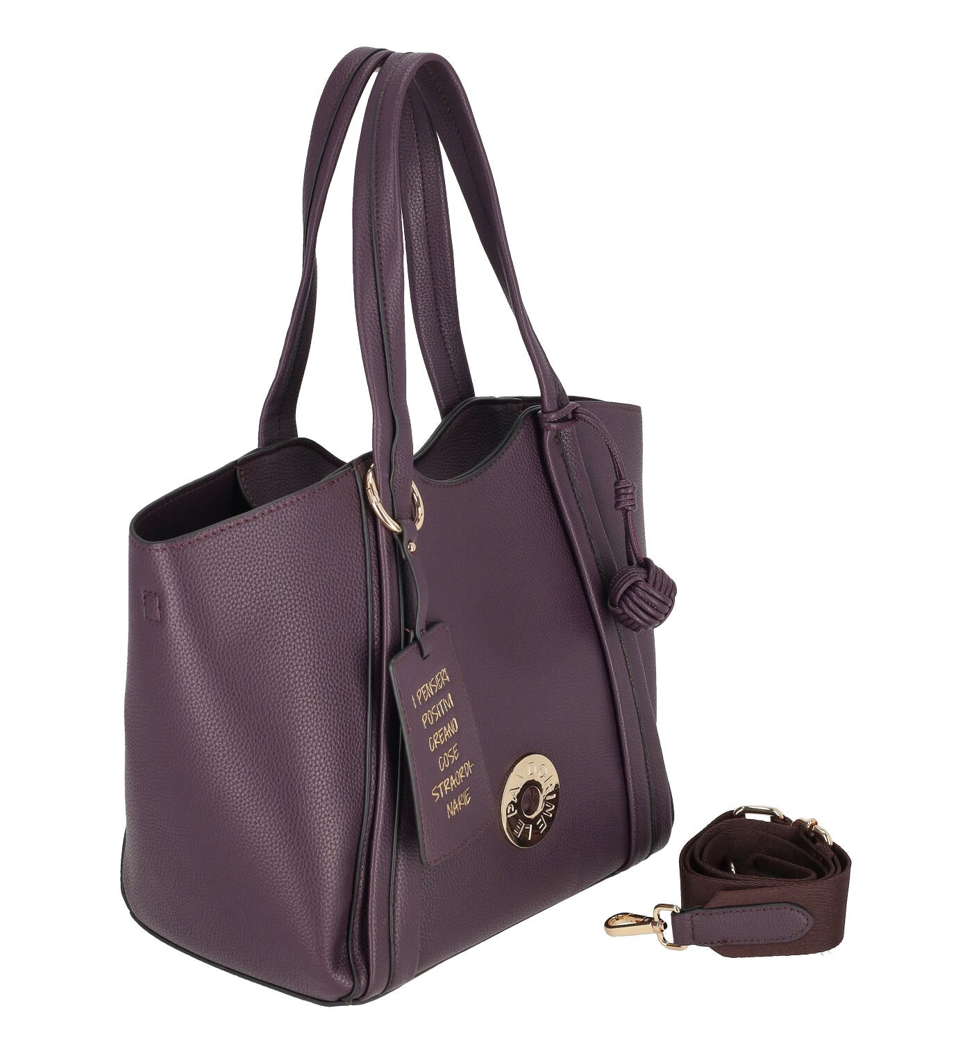 Borsa shopping con logo a cerchio, chiusura a zip con tracolla regolabile