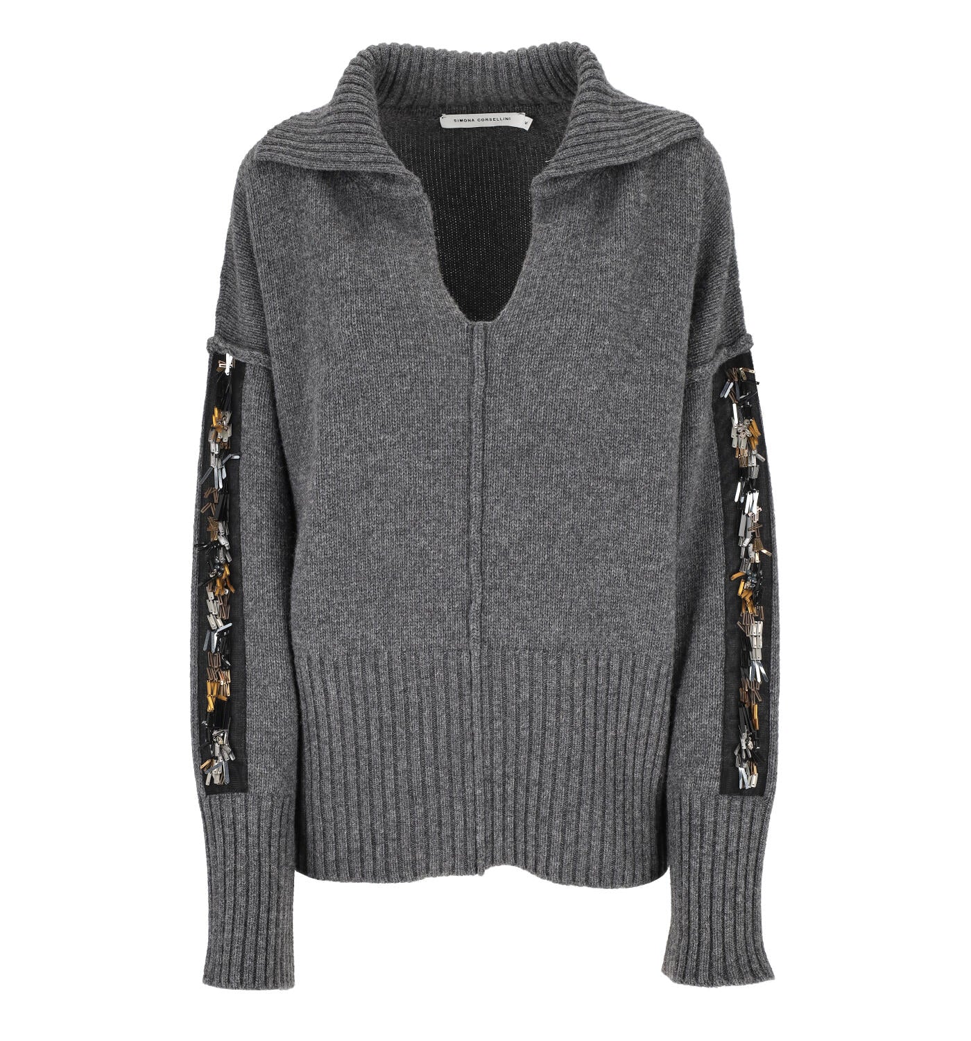 Pullover con scollo a V e maniche decorate con strass