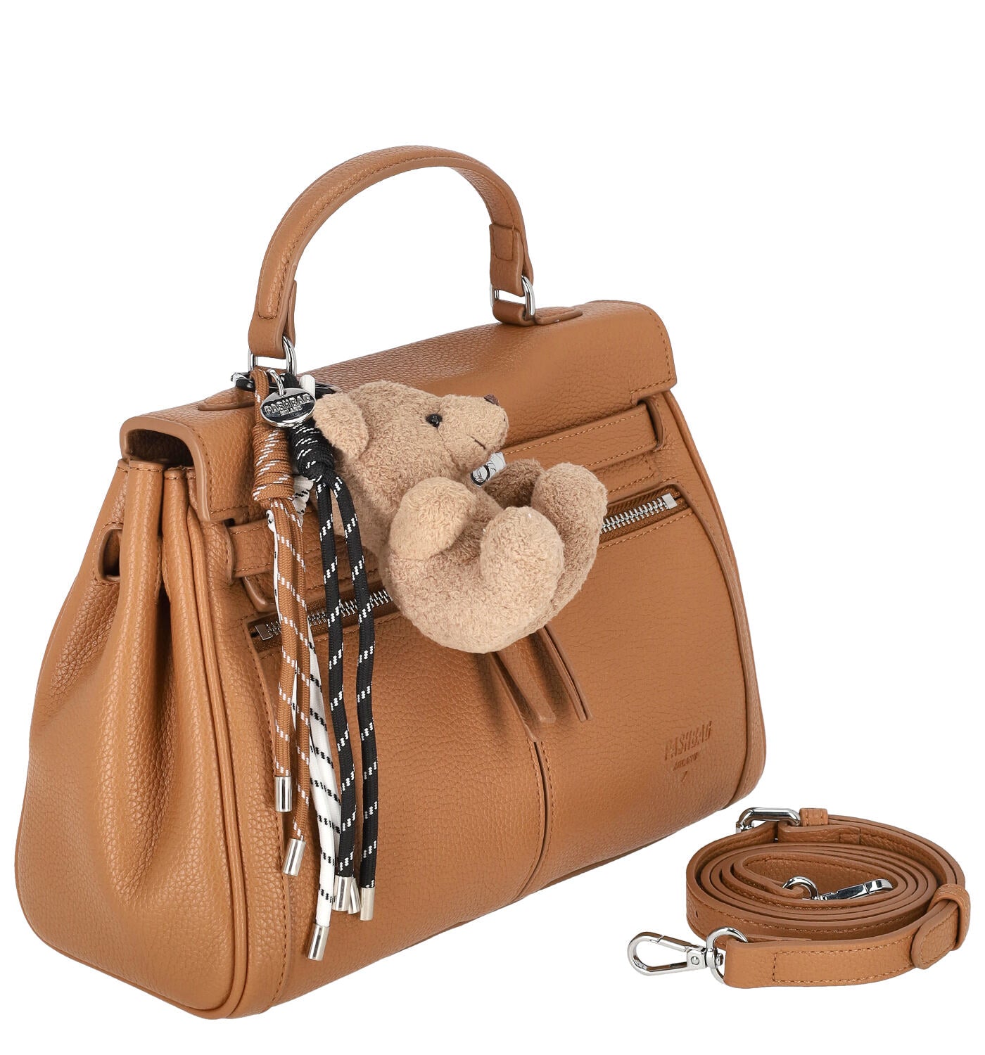 Borsa bauletto con due tasche frontali a zip, chiusura a patta con tracolla regolabile