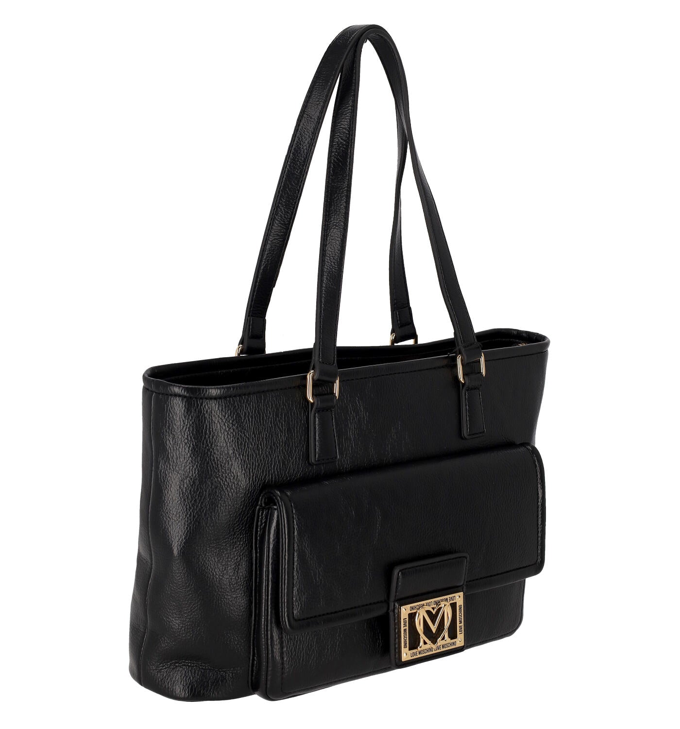 Shopping con logo sul davanti oro , tasca e chiusura con zip , doppi manici lunghi