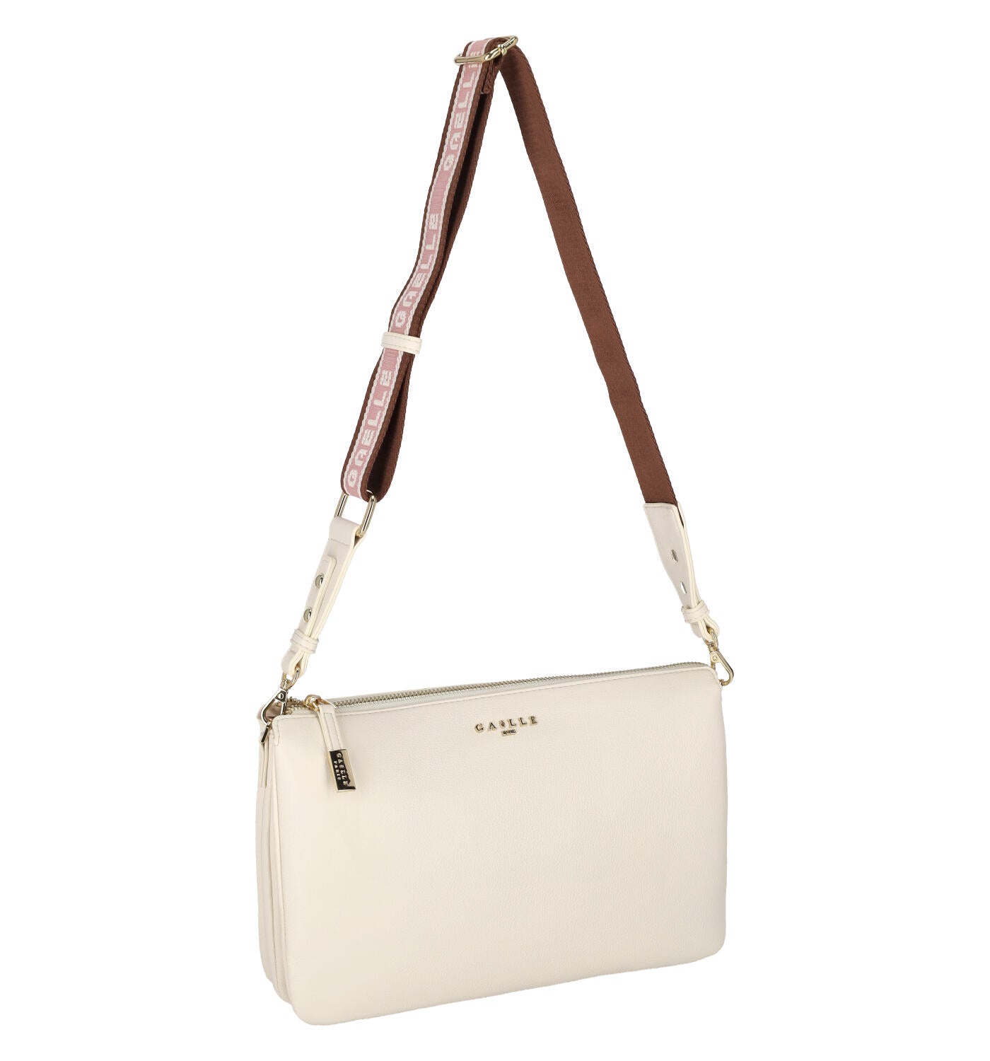 Pochette con tracolla lunga in tessuto removibile. Chiusura con zip