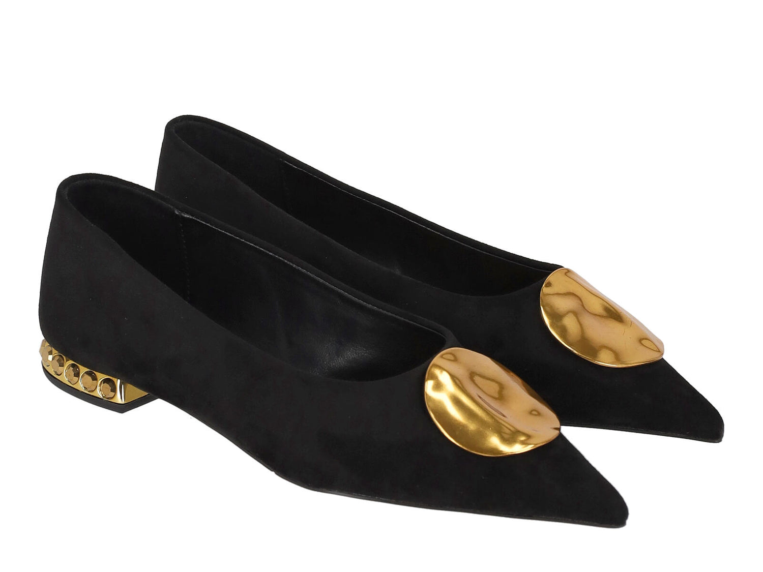 Ballerina in camoscio con applicazione oro , tacco altezza 2 cm .&nbsp;