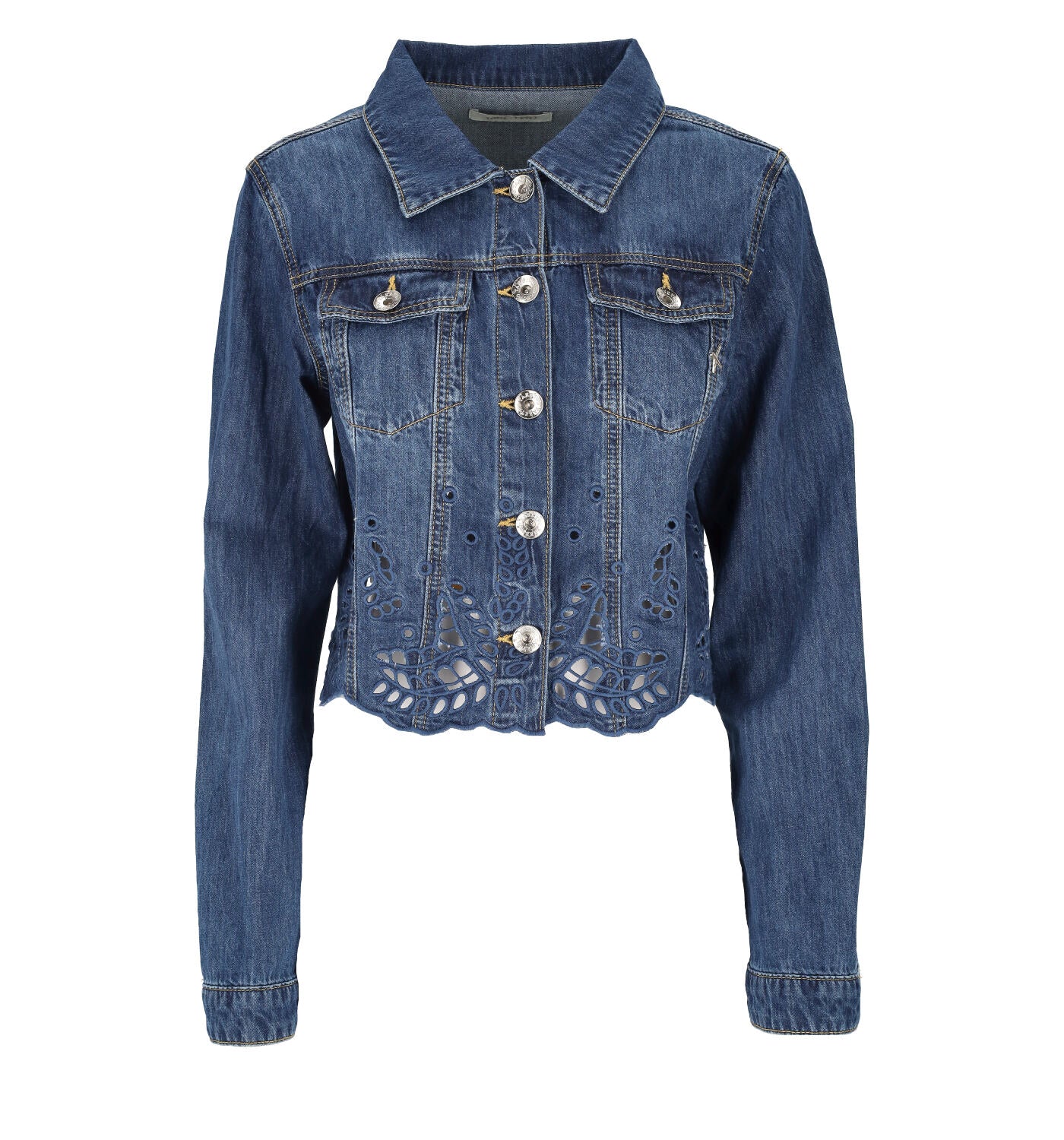 Giubbino jeans crop con ricamo fondo