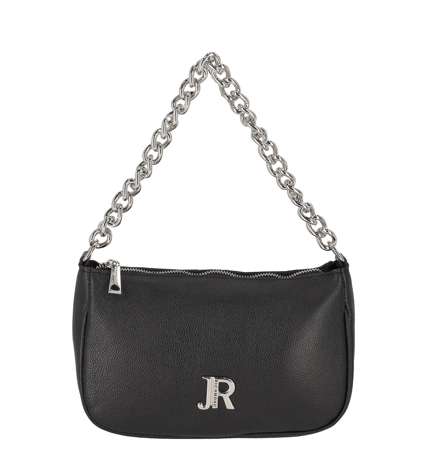 Borsa sottospalla con catna argento, tracolla lunga removibile, chisura con zip.