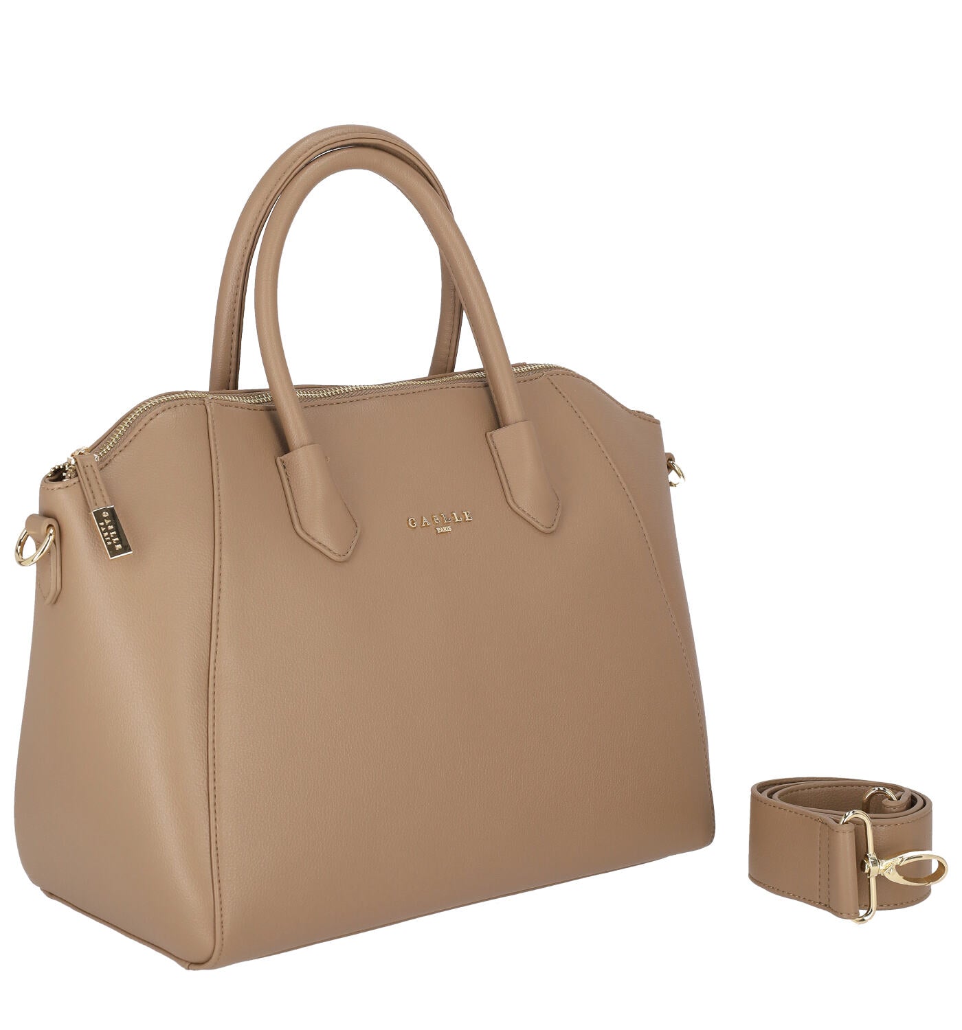 Borsa bauletto con manico corto, chiusura zip e tracolla removibile.