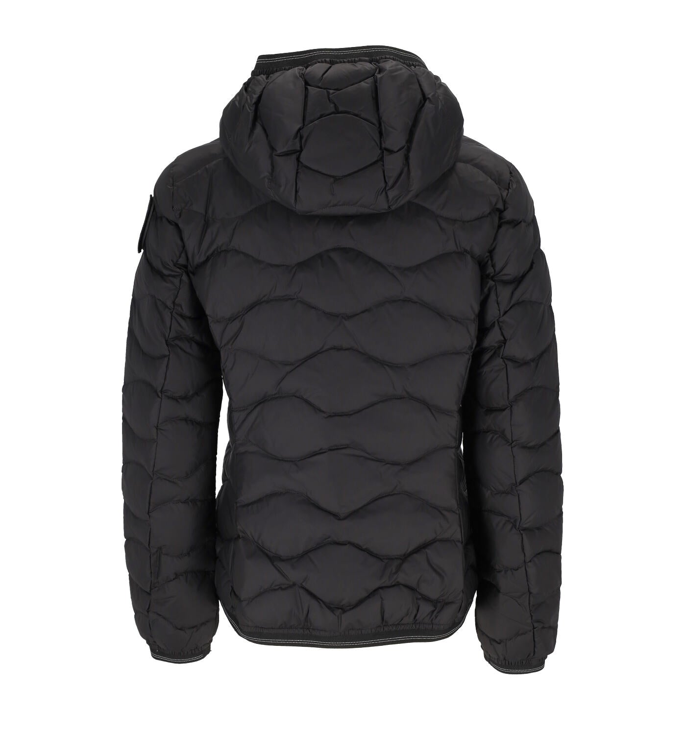 Giubbino corto con cappuccio trapuntato ondina, stemma con strass removibile, imbottitura in piuma d'oca.