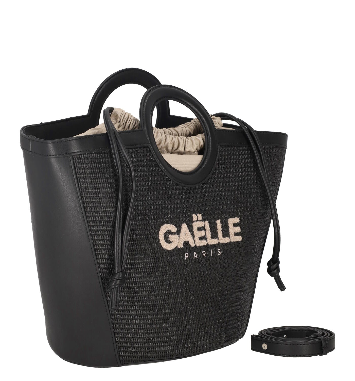 Borsa in rafia con coulisse manici ovali e tracolla