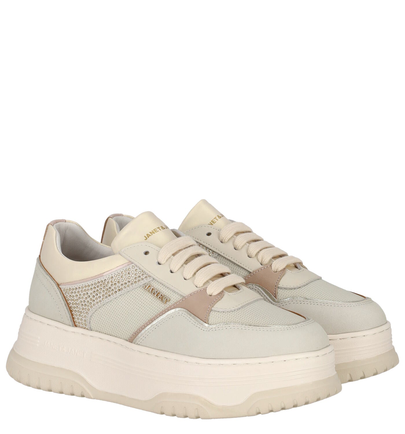 Sneakers in tessuto e nabuk platino con riporti in strass