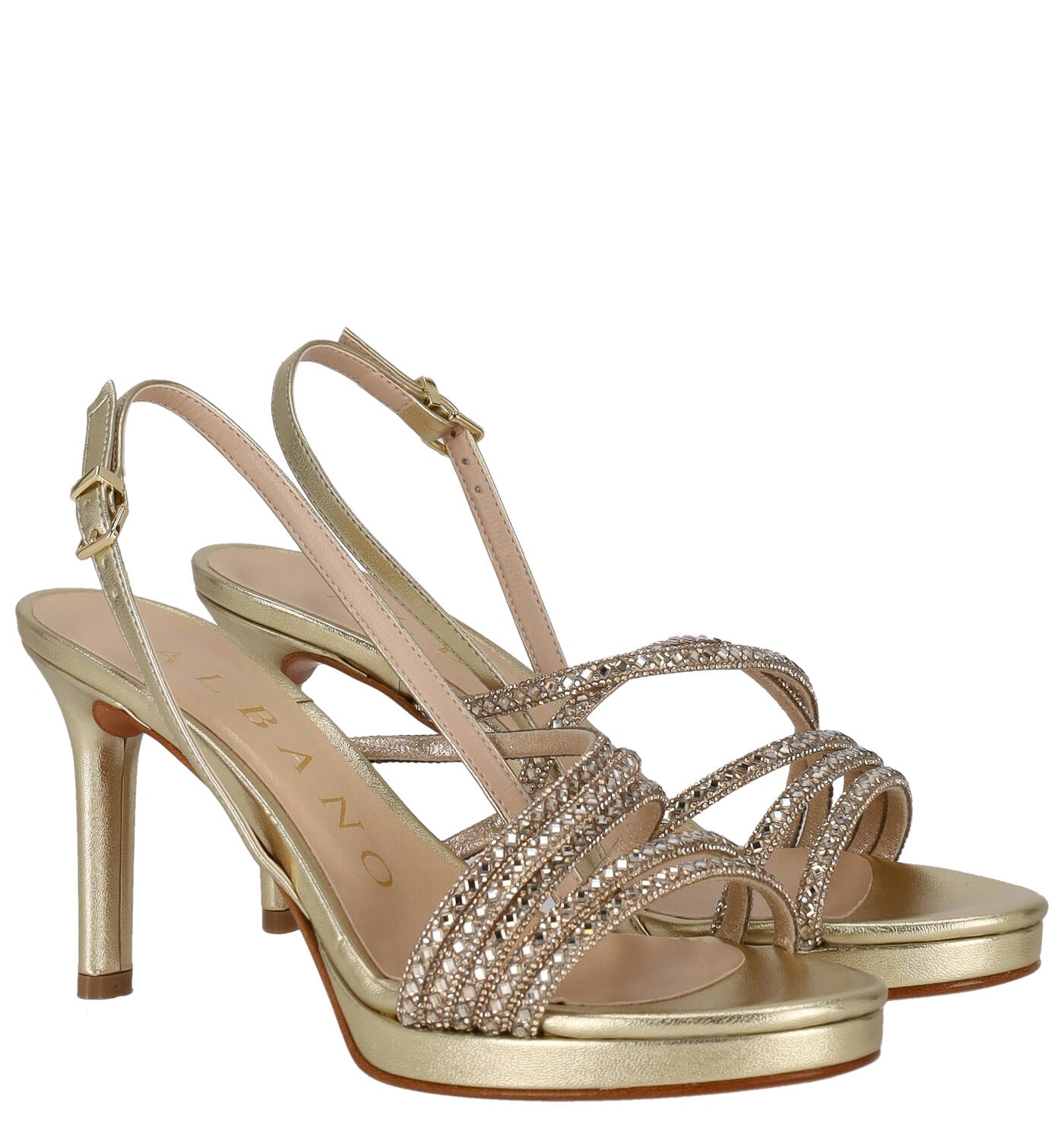 Sandalo soft metal fascette con strass, plateau alto 7 cm