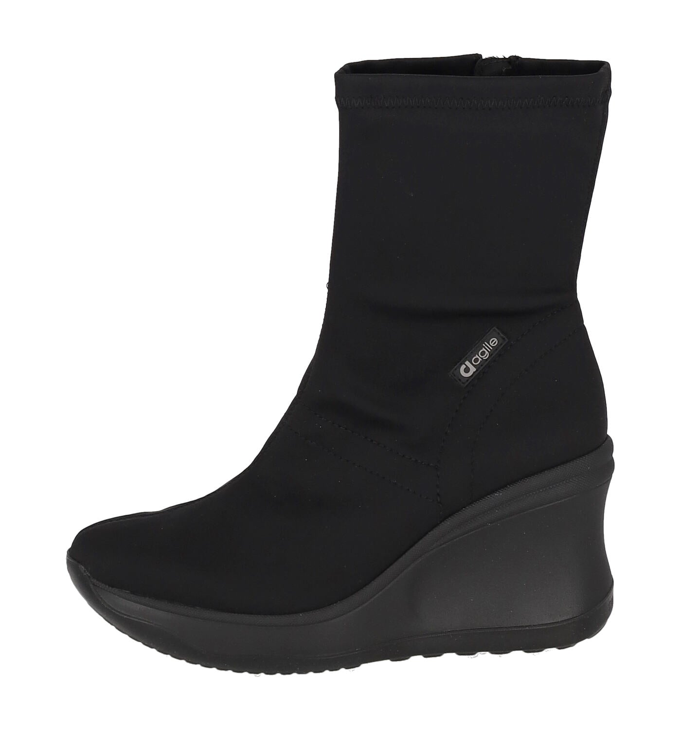 Tronchetto in tessuto elastico , zip a lato e zeppa altezza 8 cm.