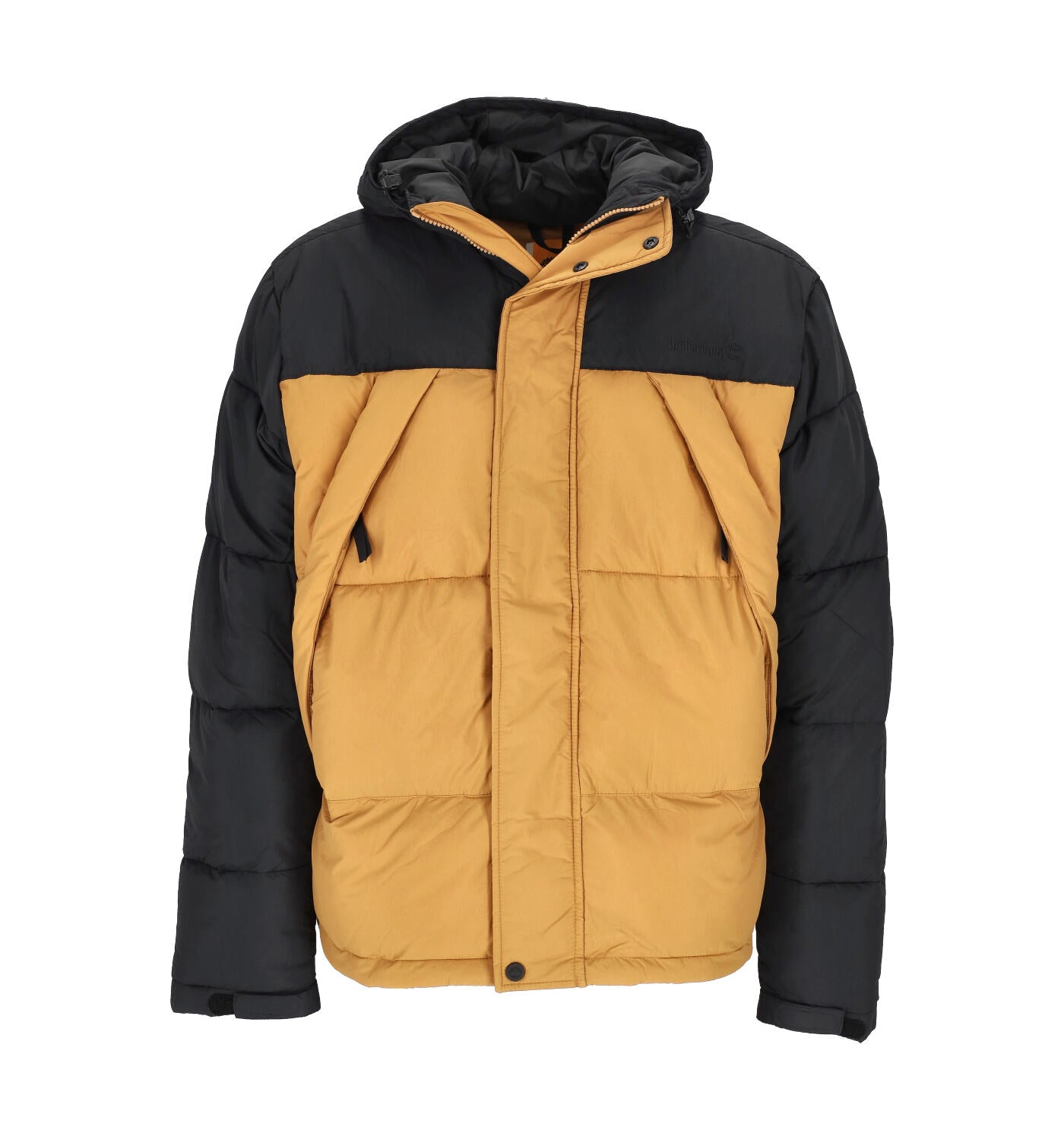 Giubbino bicolore con cappuccio , chiusura con zip .