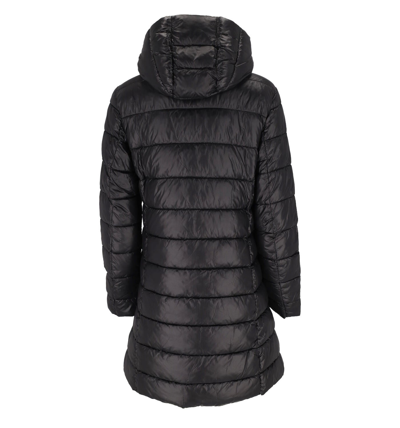 Giubbino lungo con cappuccio , chiusura con zip , logo sul braccio