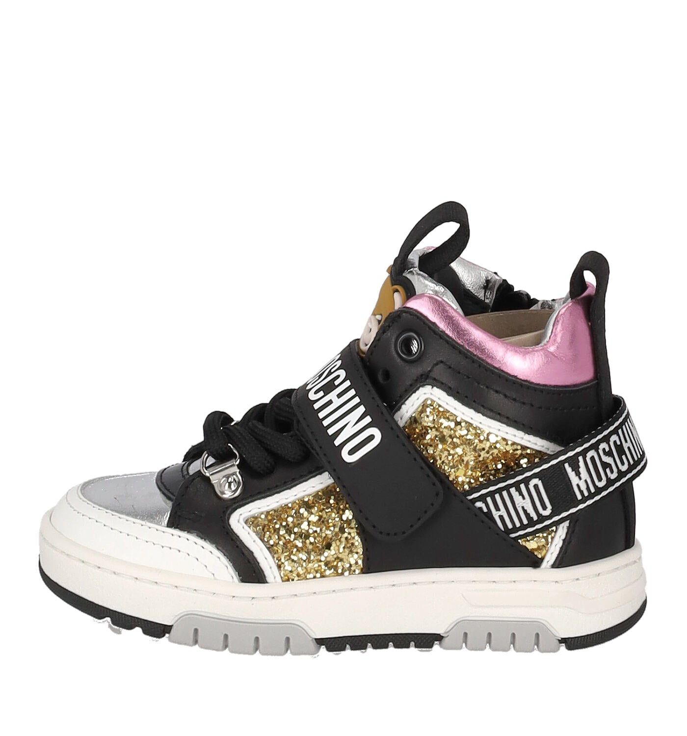 Sneaker in pelle e riporti glitter con strappi e lacci