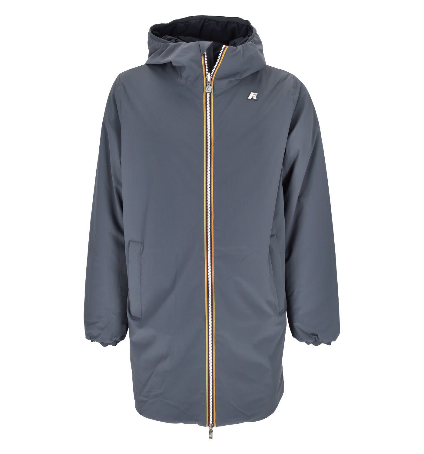 Giubbino lungo reversibile con cappuccio.