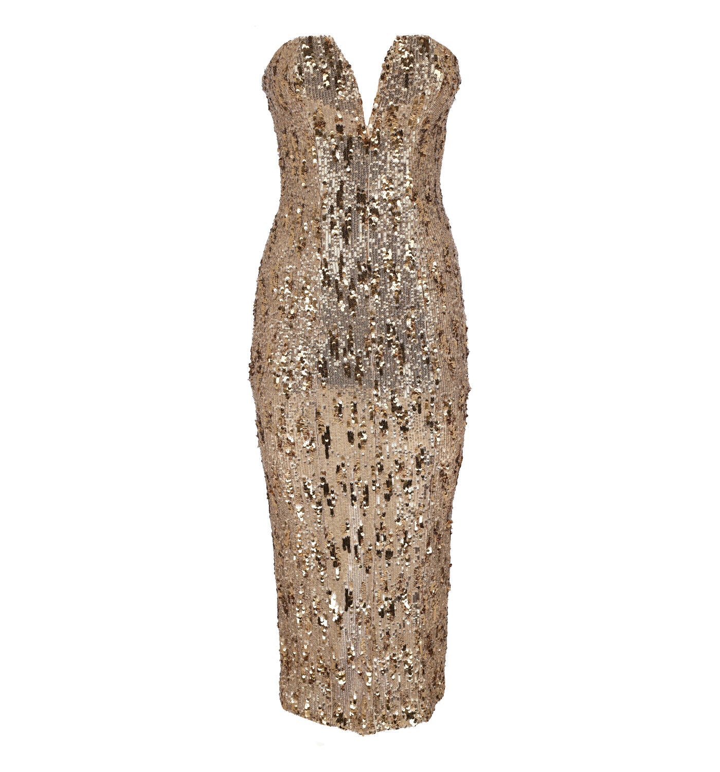 Abito midi con scollo a cuore e tessuto con pailettes.