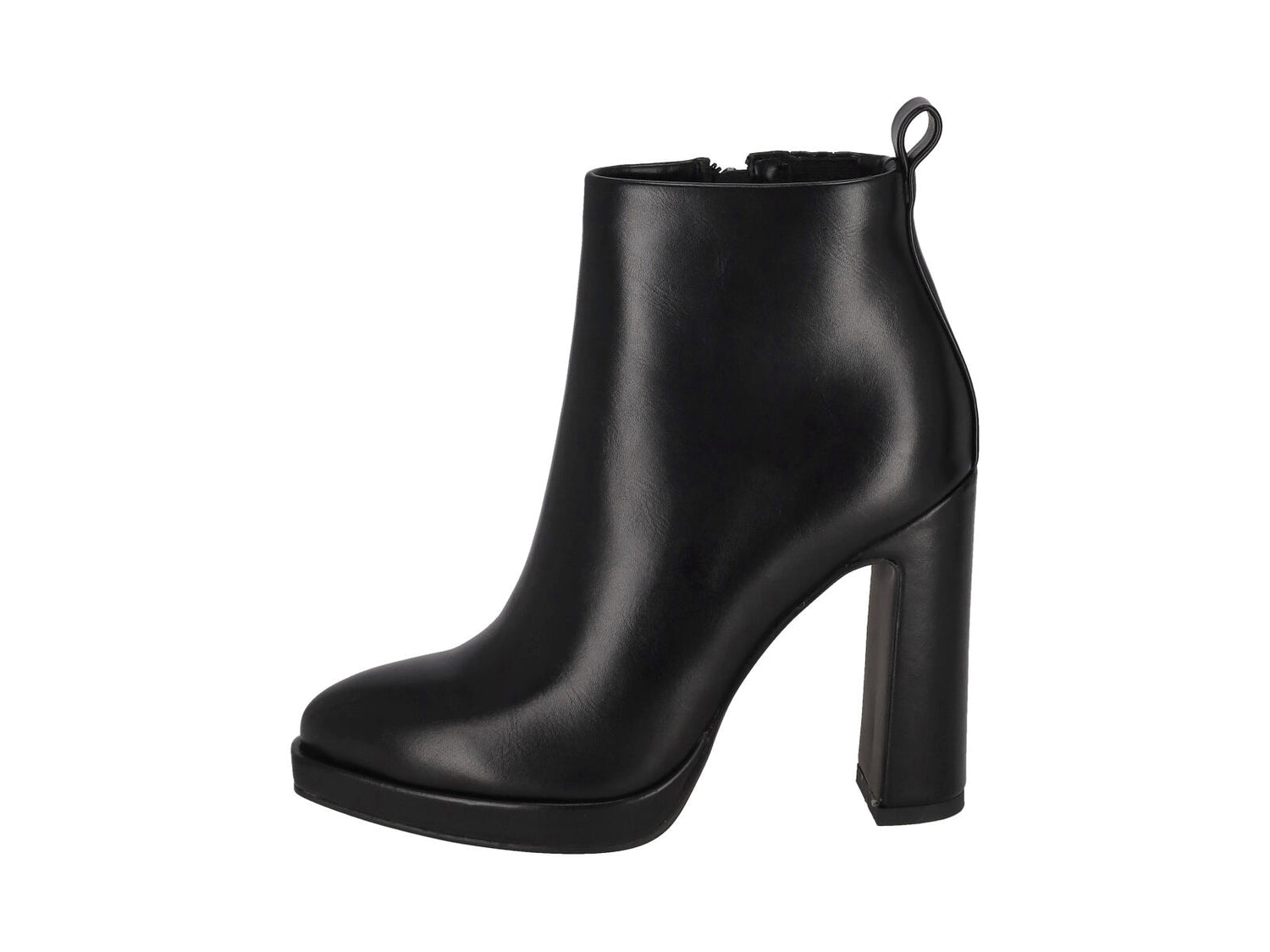 Tronchetto in ecopelle con plateau , tacco altro altezza 11 cm , chiusura con zip.