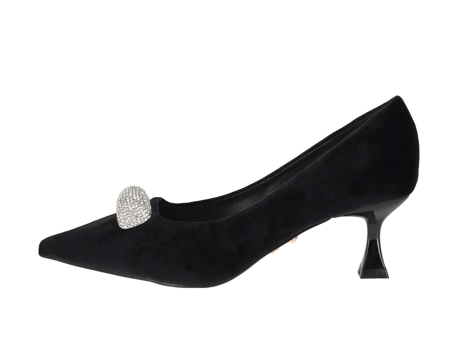 Decolletè in velluto con applicazione strass, tacco altezza 5 cm .