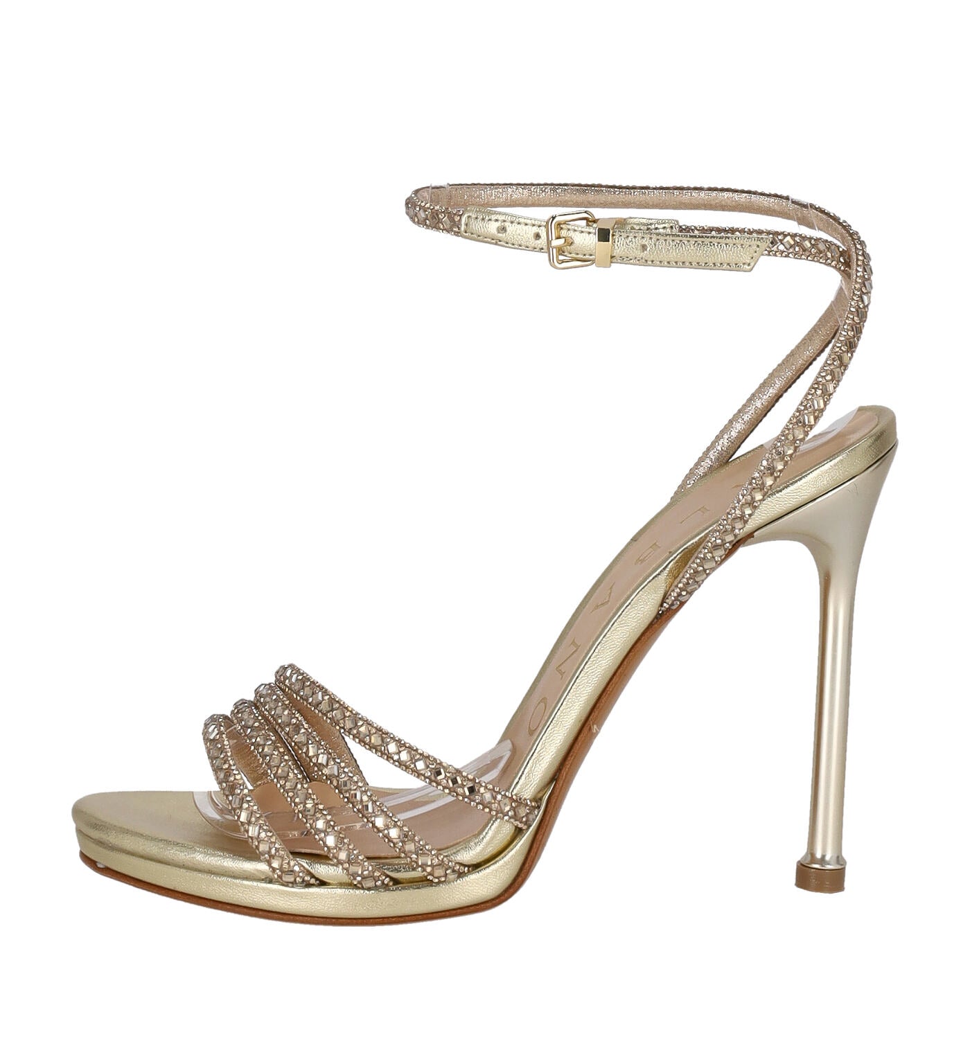 Sandalo soft metal fascette con strass, tacco alto 10 cm