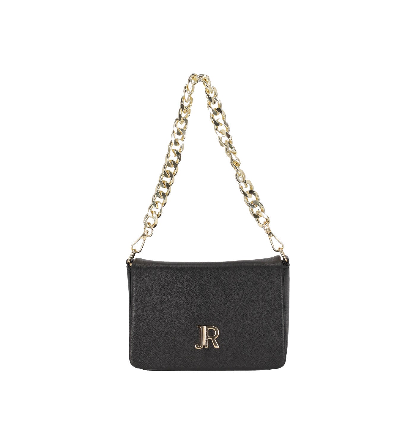 Borsa con catena oro e tracolla lunga in tessuto removibile , patta con chiusura magnetica.