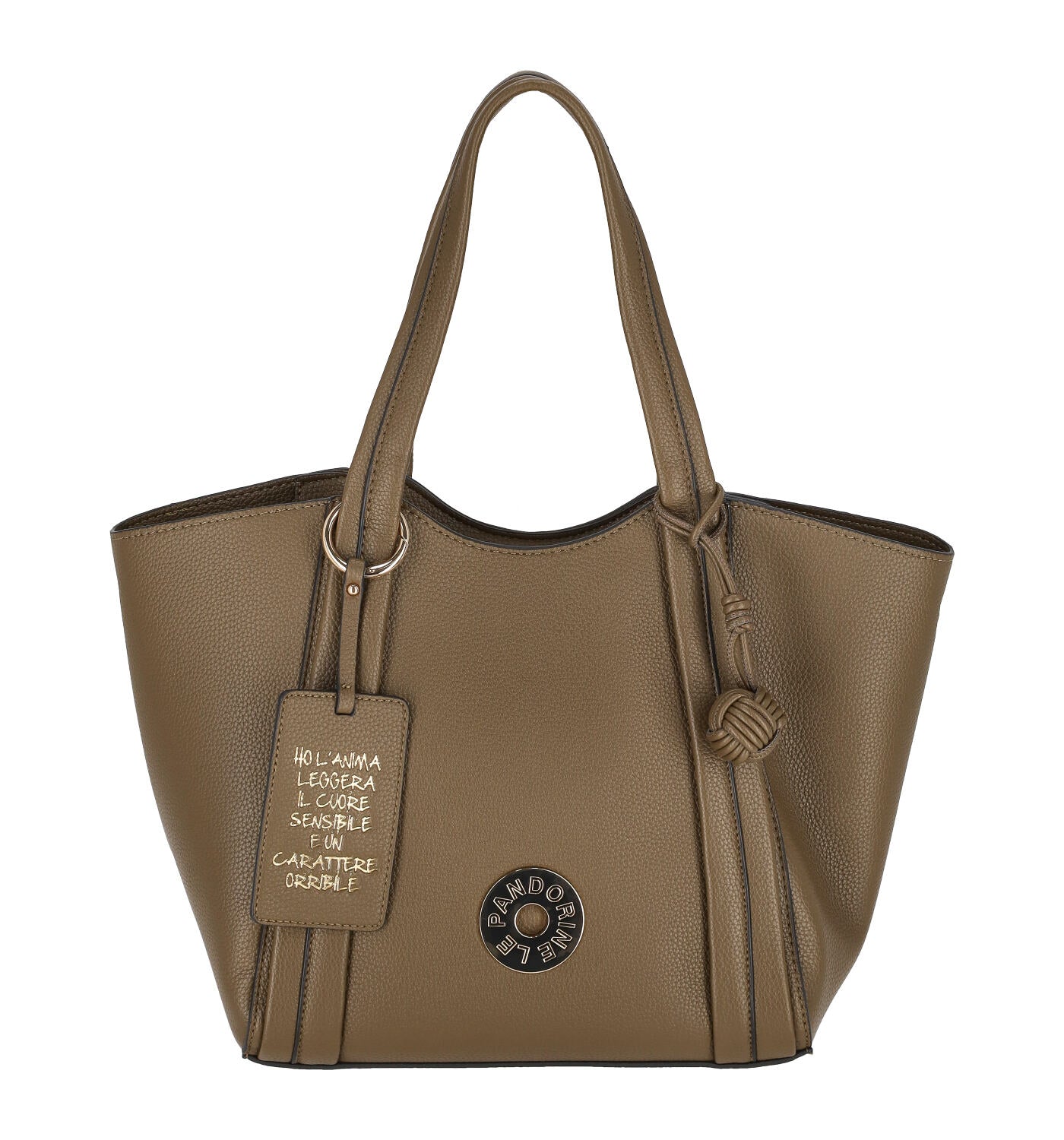 Borsa shopping con logo a cerchio, chiusura a zip manici lunghi
