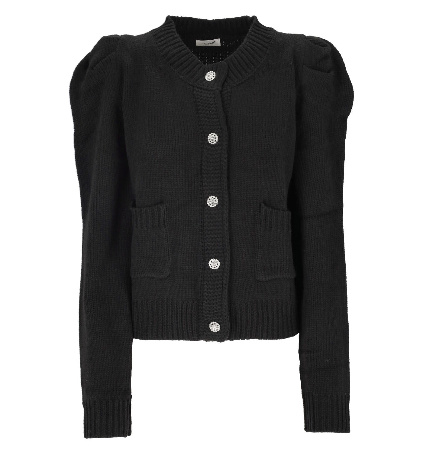 Cardigan in lana con bottoni swarovski e maniche a sbuffo
