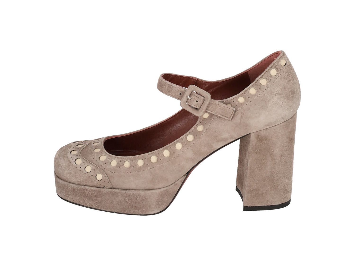 Decolletè in camoscio con fantasia duilio , cinturino regolabile , tacco largo altezza 9cm.