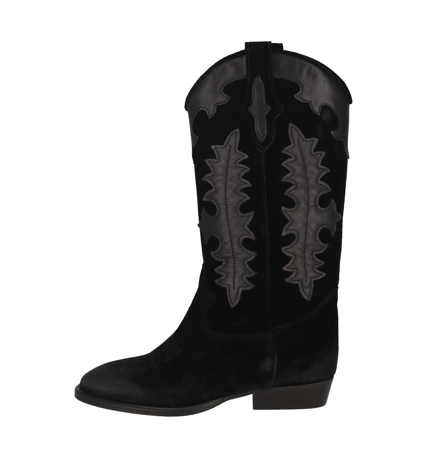 Stivale texano in camoscio e inserti ricami in pelle , tacco altezza 3 cm .