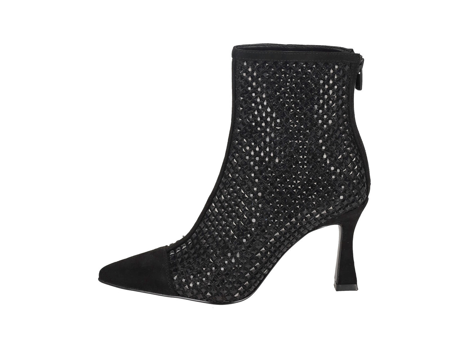 Tronchetto tacco 8 cm in camoscio e rete con strass. Chiusura con zip sul retro.